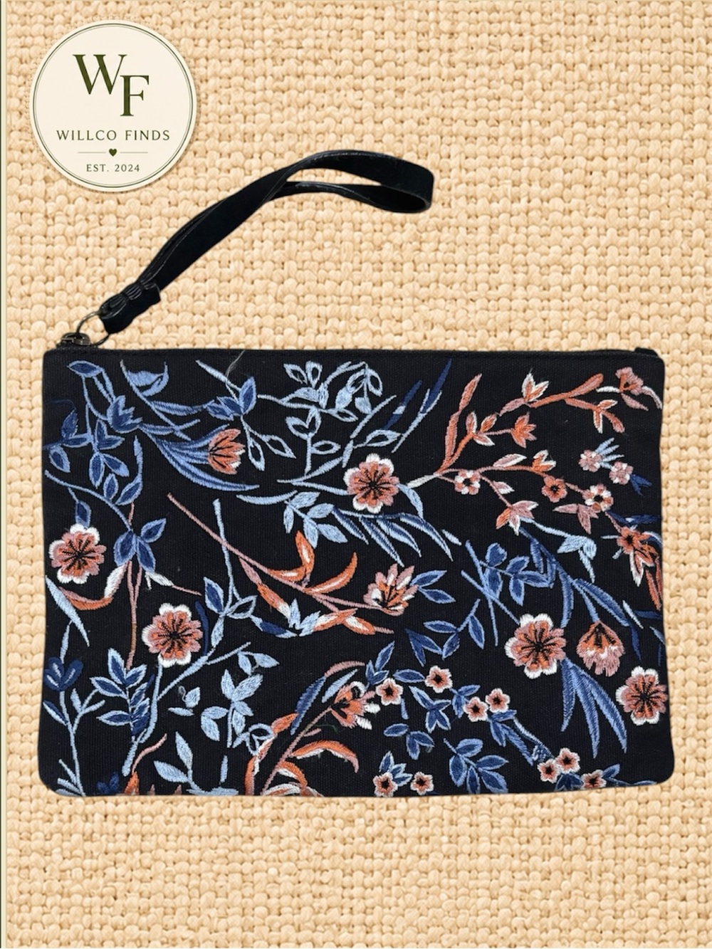 Lucky Brand Black Embroidered Floral Wristlet Clutch Genuine Leather